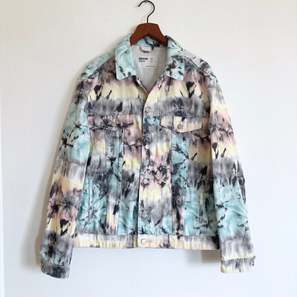 NEW Bershka Denim Tie Dye Bomber Denim Jean Jacket Size Large